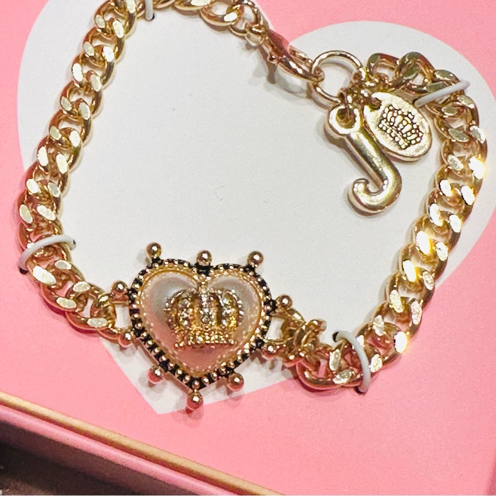 New in Gift Box Juicy Couture Gold-Tone Chain Bracelet with Crown Heart Charm
